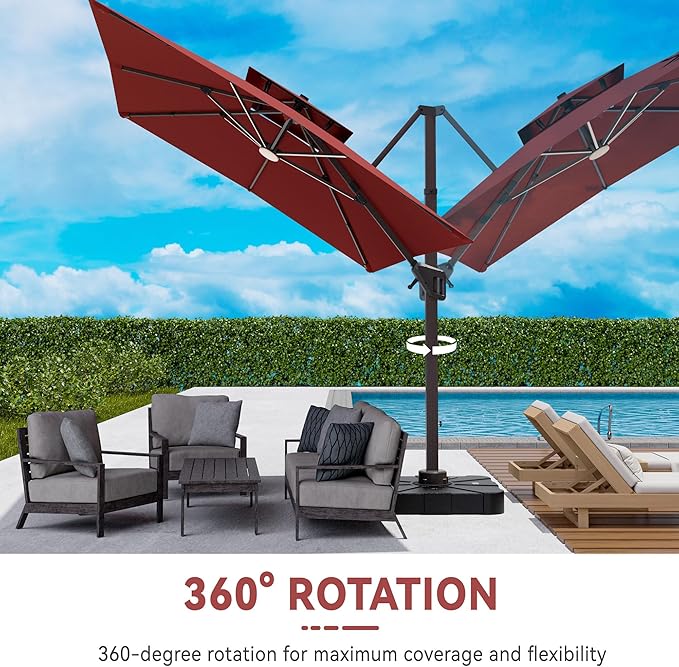 10x13 FT Cantilever Patio Umbrella with Led Lights Double Top Outdoor Rectangular Large Heavy Duty Aluminum Offset Umbrellas with 7 Level Tilt 360-degree Rotation for Pool Garden Deck, Wine Red