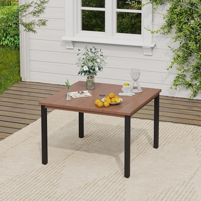 VICLLAX Patio Dining Set, 40.2" Walnut Table & 4 Chairs with Grey Cushion | Outdoor Table and Chairs Set of Square Metal Patio Table, Outdoor Dining Chairs with Metal Frame, Garden Deck Porch