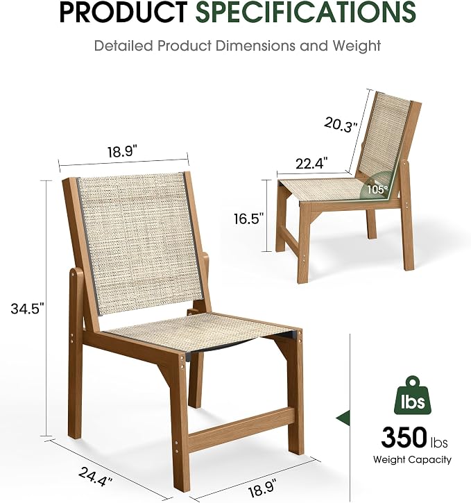 Patio Stackable Chair, HDPE Armless Outdoor Dining Chairs with Wide Seat, All-Weather Textilene Oversized Porch Chair for Garden, Poolside, Backyard, Deck | Teak
