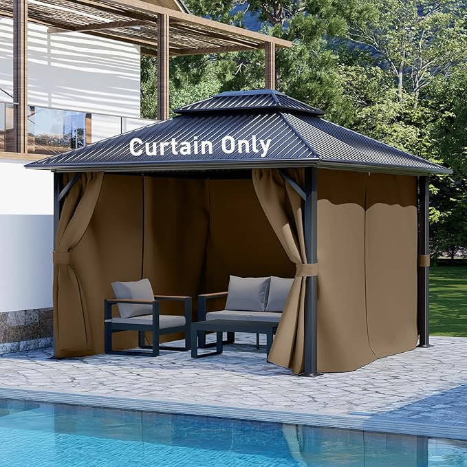 Aoodor 12x12 ft Outdoor Gazebo Curtains, 4 Panels Waterproof Privacy Sidewall Replacement with Zipper for Patio Pergola and Canopy, Light Coffee