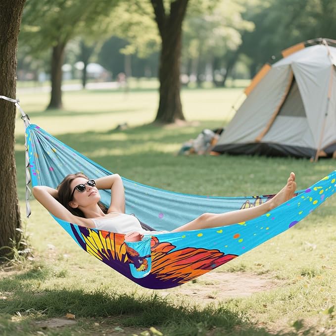 FUUNY Abstract Rhino Bird Colorful 330lb Capacity Hammocks with Hanging Rope Tree Hammock for Outside Patio Backyard Poolside hamaca inflable para Piscina