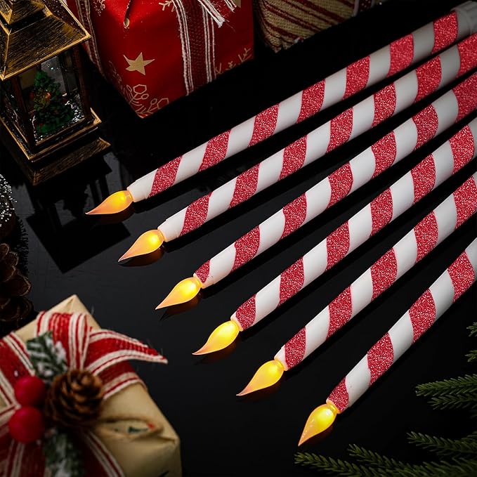 6PCS Christmas Flameless Taper Candles - Candy Cane Red and White Stripes Flickering Battery Operated LED Candles for Xmas Centerpiece Holiday Party, Wedding, Winter Home Decoration