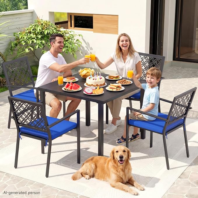 LuxaDomus 5 Piece Outdoor Dining Set, Wood Grain Square Outdoor Patio Table and Chairs Set, Metal Dining Set with with 4 Spacious Dining Chair, All Weather Patio furniture Set for Deck Garden Poolside