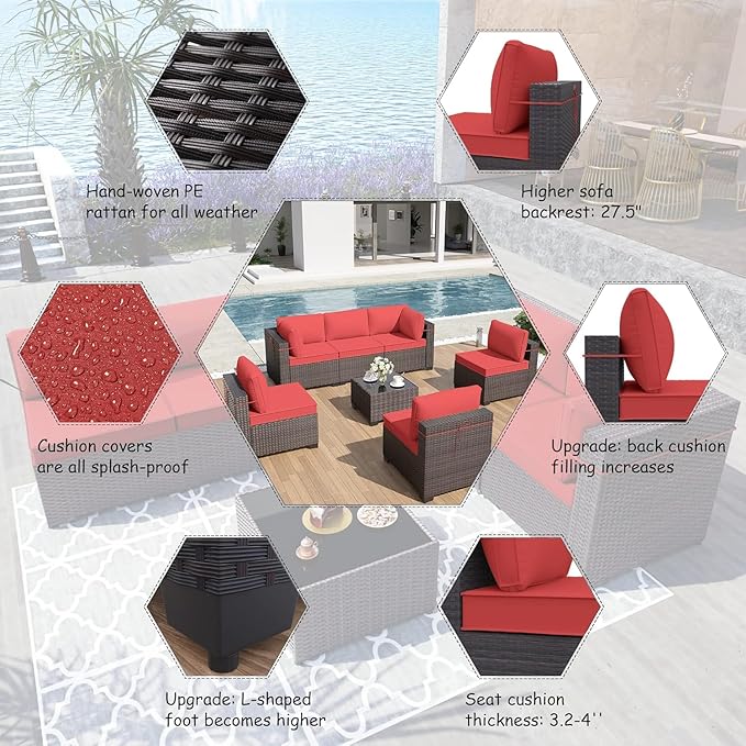 ALAULM 7 Pieces Patio Furniture Set Wicker Patio Conversation Set, Outdoor Sectional Furniture w/Coffee Table & Washable Seat Cushions-Red
