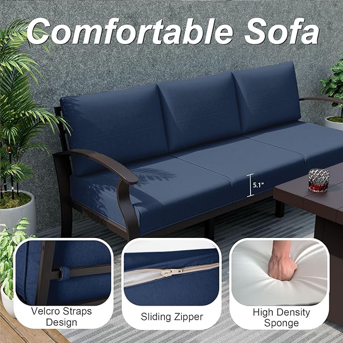 ALAULM Aluminum Patio Furniture Set with Propane Fire Pit Table 5-seat Metal Outdoor Furniture w/Fire Pit Sectional Sofas w/5.1" Cushions for Patio, Backyard, Poolside-DarkBlue
