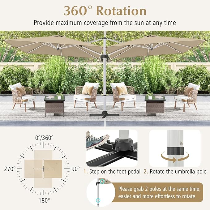Cantilever Patio Umbrella Aluminum Offset Umbrella with 360-Degree Rotation & Adjustable Tilt, Large Patio Offset Umbrella for Garden, Pool, Backyard & Deck