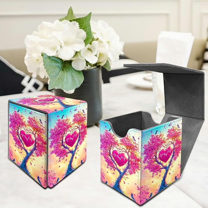 Deck Box for MTG, Cards Storage Box Fits 120+ Sleeved, Leather Medium Size Strong Magnetic Closing Card Case for Board Games Magic TCG CCG Baseball Collection, Pink Tree