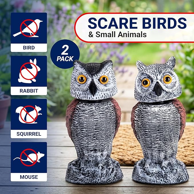 Arrigo Fake Owl Decoys to Scare Birds Away – 2pc Wind-Driven Rotating Head – Plastic Owl Statue Scarecrows – Realistic Deterrent for Critters & Squirrels - Garden, Patio, Boats, and Yard Decor