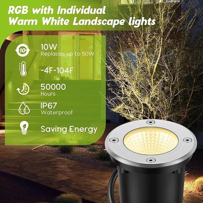 RGBW Warm White Low Voltage Landscape Lighting 10W Color Change LED Well Landscape Lights IP67 Waterproof Outdoor Landscape Lighting 12V-24V Pathway Garden Deck In-Ground Lights (6)