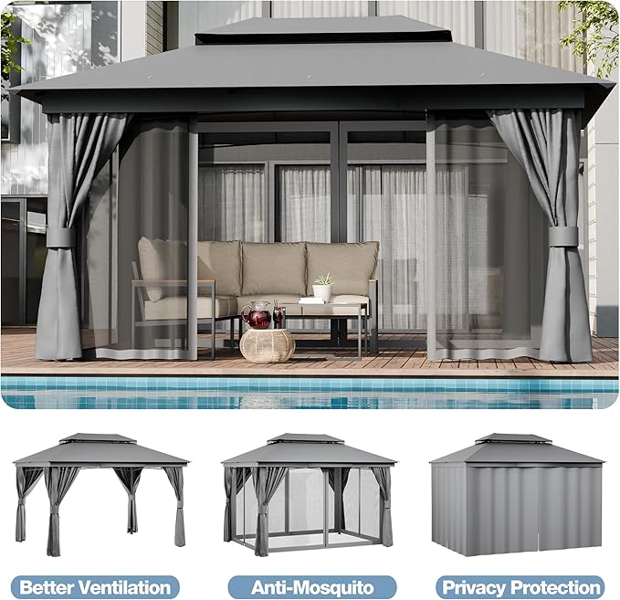 Outdoor Gazebo 10x13 with Mosquito Netting and Privacy Screens, Screen Tent with Double-Roof, Heavy Duty Shelter Canopy Tent, Patio Gazebo for Backyard, Garden, Lawn, Party