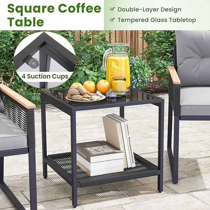 Tangkula 3 Piece Outdoor Conversation Set, Patio Rattan Cushioned Armchairs and Table, with Heavy Duty Metal Frame and Acacia Wood Armrests, for Front Porch, Poolside