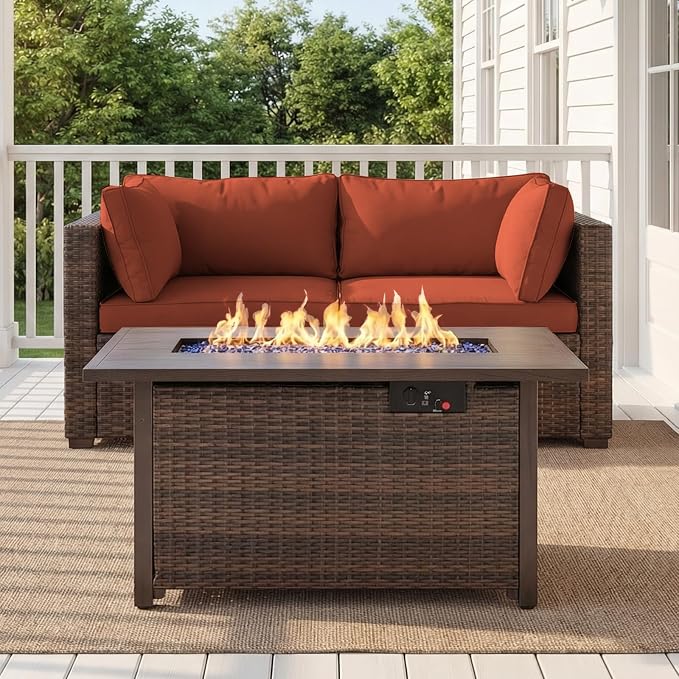 3 Pieces Patio Furniture Set with Fire Pit Table, Outdoor PE Rattan Sectional Sofa with Soft Cushions for Backyard, Porch, and Poolside (Red, 3 PCS w/Firepit)