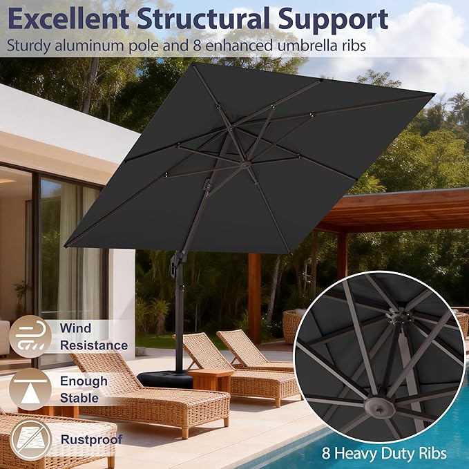 10' X 10' Patio Umbrella Cantilever Outdoor Rectangle Umbrella with Base Included, Heavy Duty 360°Rotation Offset Umbrella for Garden Deck Pool Patio, Grey