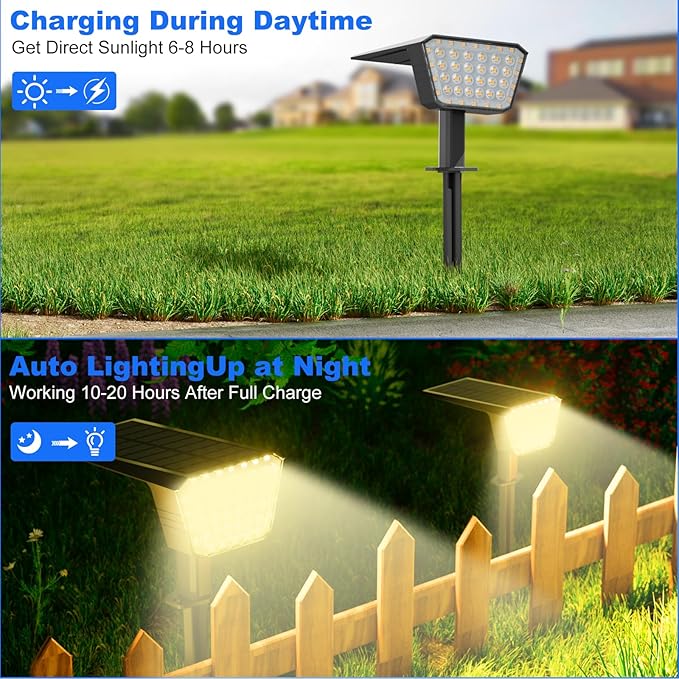 Solar Spot Lights Outdoor, IP65 Waterproof 44 LED Landscape Spotlights, Solar Powered Spotlight with Auto On/Off and 3 Lighting Modes for Outside Garden Decor, 2 Pack (Warm White)