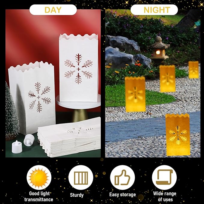 Sabary 50 Sets Luminary Bags with Flameless Tea Lights Outdoor Luminaries LED Lantern Candle Bags for Wedding Birthday Ramadan Christmas Party Decorations Romantic Decor(Snowflake)