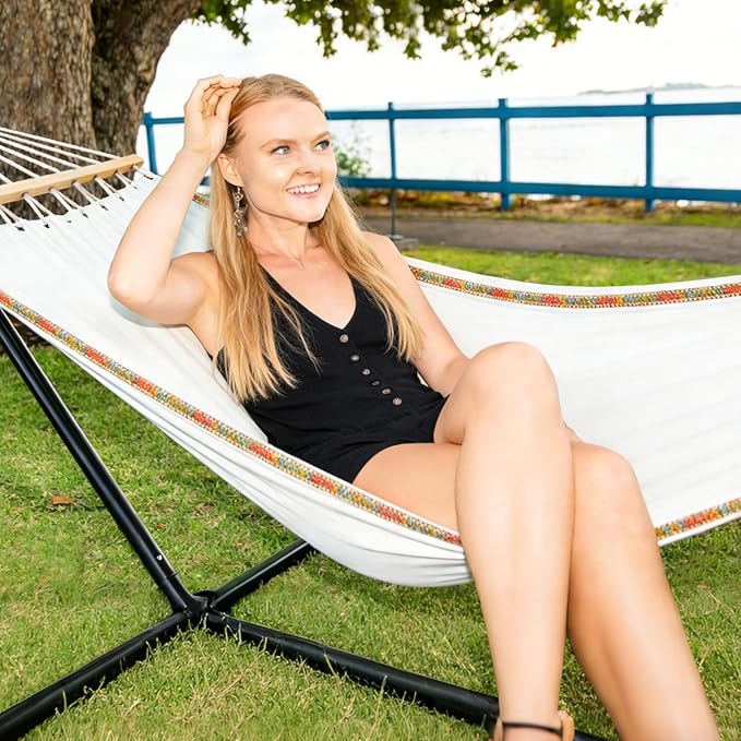 Hammock with Curved Spreader Bar, Protable Patio Hammock with Tassels, Hammock for Camping, Backyard, Balcony, Outdoor＆Indoor, Max 400LBS (59''*79'') (B)