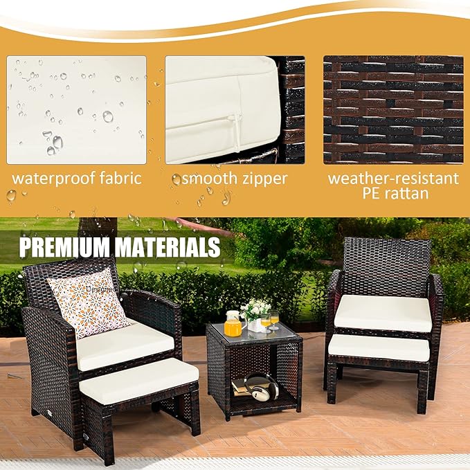 Tangkula 5 Pieces Wicker Patio Conversation Set, PE Rattan Outdoor Chairs & Ottomans Set with Single-Door Storage Coffee Table, Space-Saving Patio Furniture for Poolside, Backyard, Lawn, Deck (White)