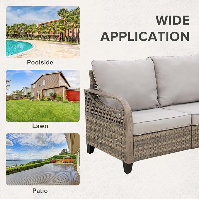 COOS BAY Modern Wicker Outdoor Furniture Set, 3 Piece Patio Conversation Set with a 3 Seat Couch and 2 Ottomans, 3 Piece, Brown/Gray