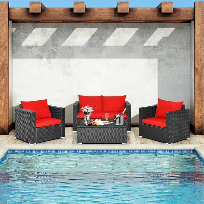 COSTWAY 4-Piece Patio Rattan Furniture Set, Cushioned Sofa Chair, Loveseat and Coffee Table with Tempered Glass Top, Outdoor Conversation Sets for Garden Poolside Balcony Porch (Red)
