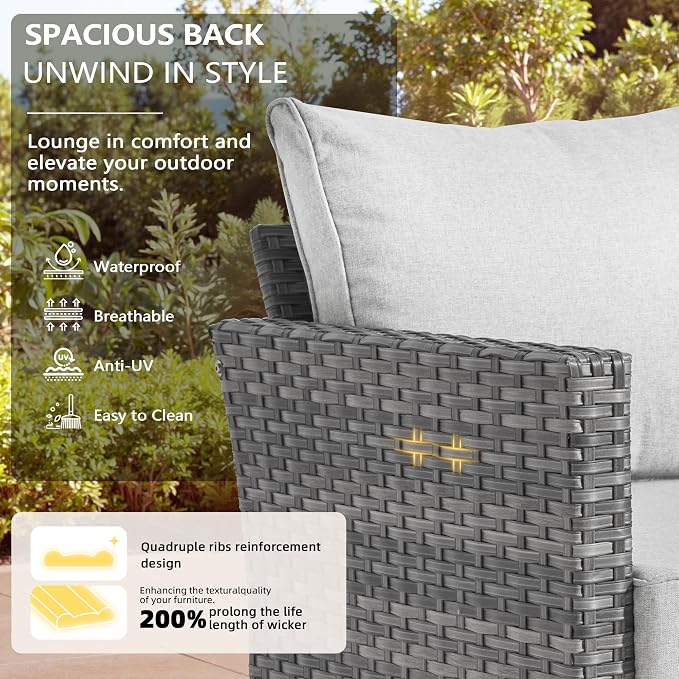 CAODOC 8-Piece Outdoor Wicker Patio Set with 9 Seats, Including 43" Fire Pit - Sectional Sofa and Conversation Set for Backyard or Lawn, Gray Rattan with Waterproof Gray Cushions