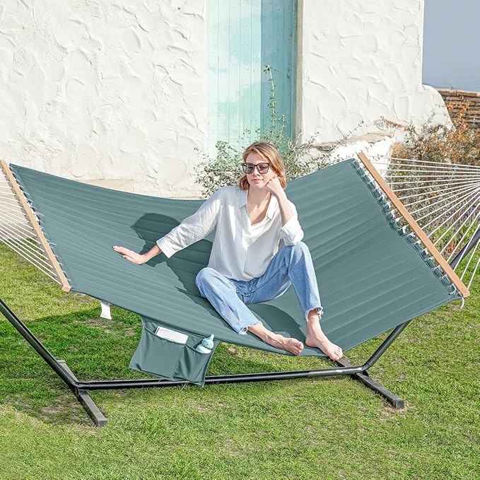 2 Person Hammock with Stand for Outside, Heavy Duty Steel Stand, Double 55inch Hammocks, Large Removable Pillow, Storage Bags, Max 475 lbs Capacity (Mist Green)