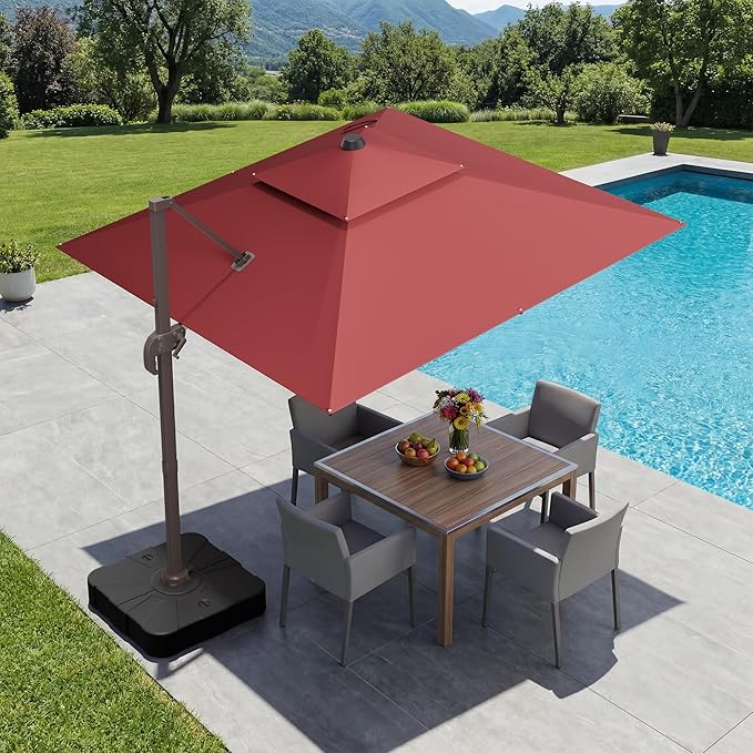 GENTEACO 10X10 FT Cantilever Umbrella, Large Offset Patio Umbrella with Double Top, 6 Angle Tilts & 360° Rotation, Large Square Sun Umbrellas for Outdoor Patio Pool Deck Market, Red