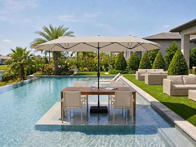 PURPLE LEAF 13ft Patio Market Umbrella with Base Double-Sided Rectangle Outdoor Table Sun Umbrellas with Crank 12 Heavy Duty Sturdy Ribs for Pool Beach Deck Backyard Khaki