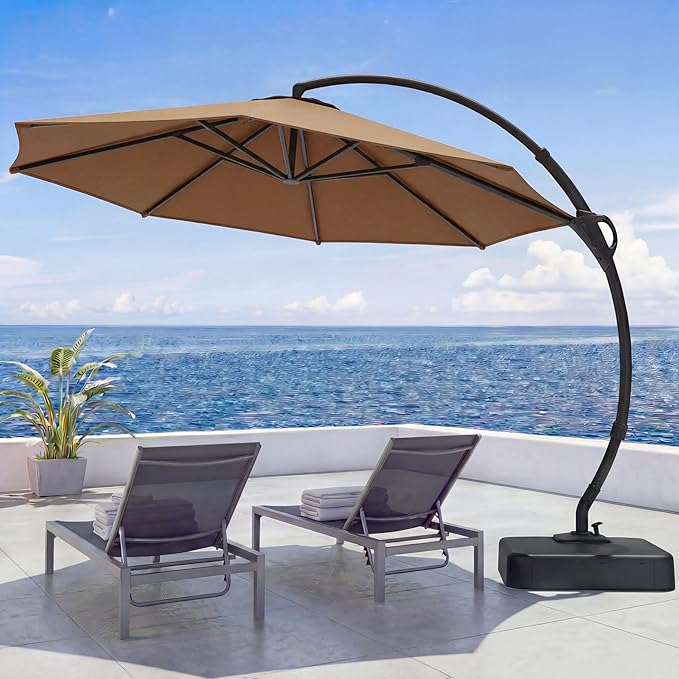 LAUSAINT HOME 12FT Curvy Cantilever Patio Umbrella with Base, 360° Rotation Offset Outdoor Umbrella, Heavy Duty Hanging Umbrella for Backyard, Pool, Garden（Tan）