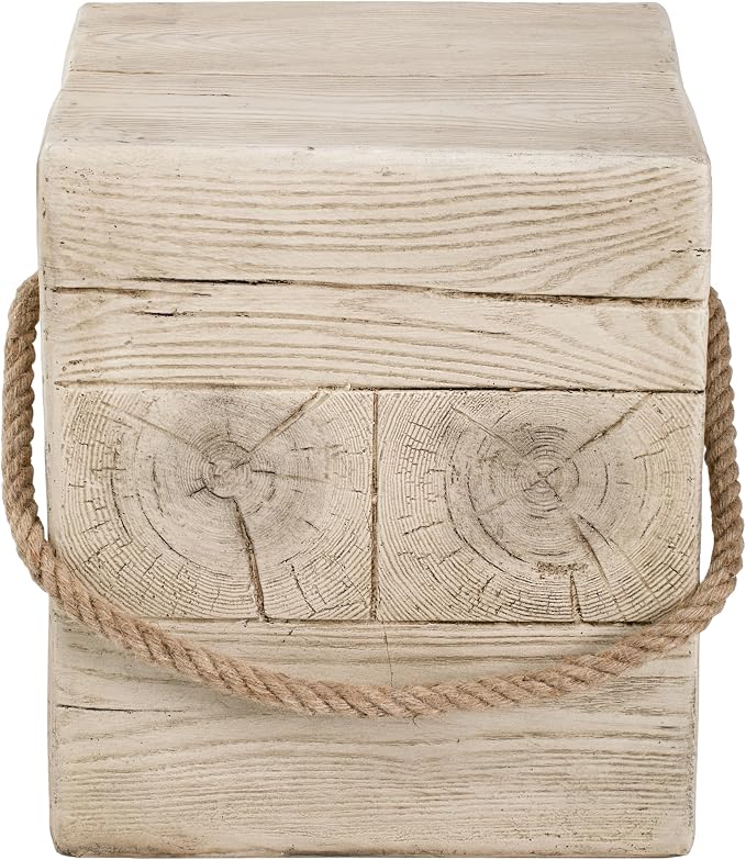 IRONORA Rustic Square Wood-Grain Outdoor Side Table with Rope Handle, Weathered Whitewashed Accent Table, Farmhouse Patio End Table for Backyard Garden