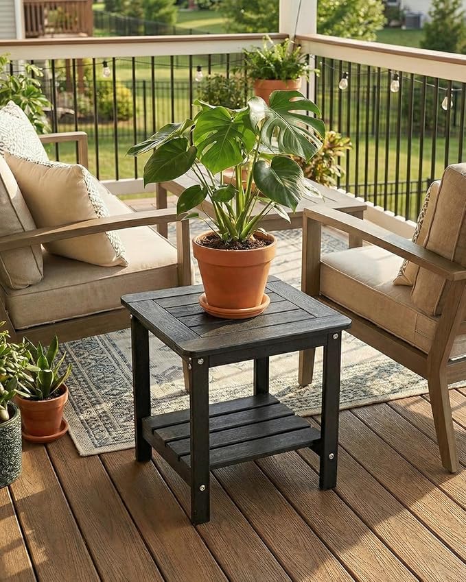 Kibaso-Adirondack Outdoor Side Table, 2-Tier HDPE Outdoor End Table, Weather Resistant Easy Maintenance, Small Patio Side Table for Patio, Pool, Porch, Garden, Lawn, and Living Room (2, Black)