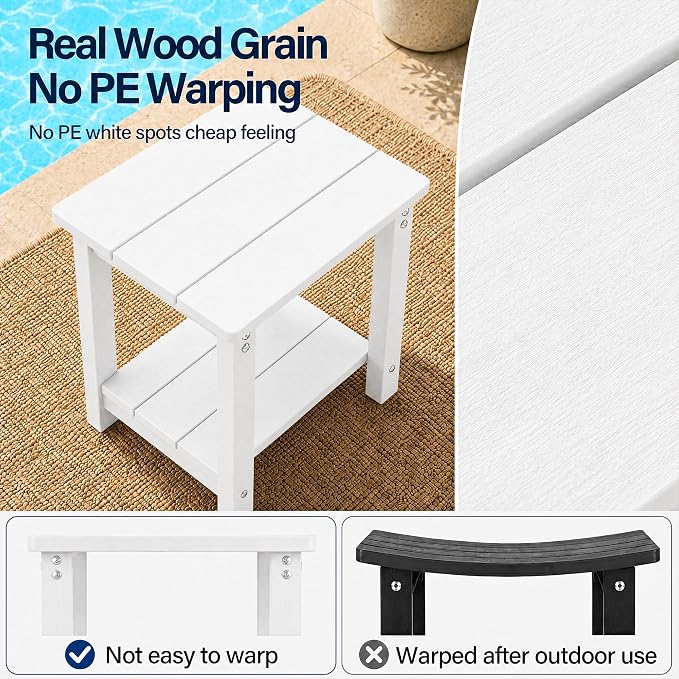 MXIMU Outdoor Side Table Set of 2: Heavy-Duty Sturdy Warp Resistant Adirondack Table - Wood Grain Finish Outdoor End Tables - Easy Assembly & Low Maintenance Patio Side Table White