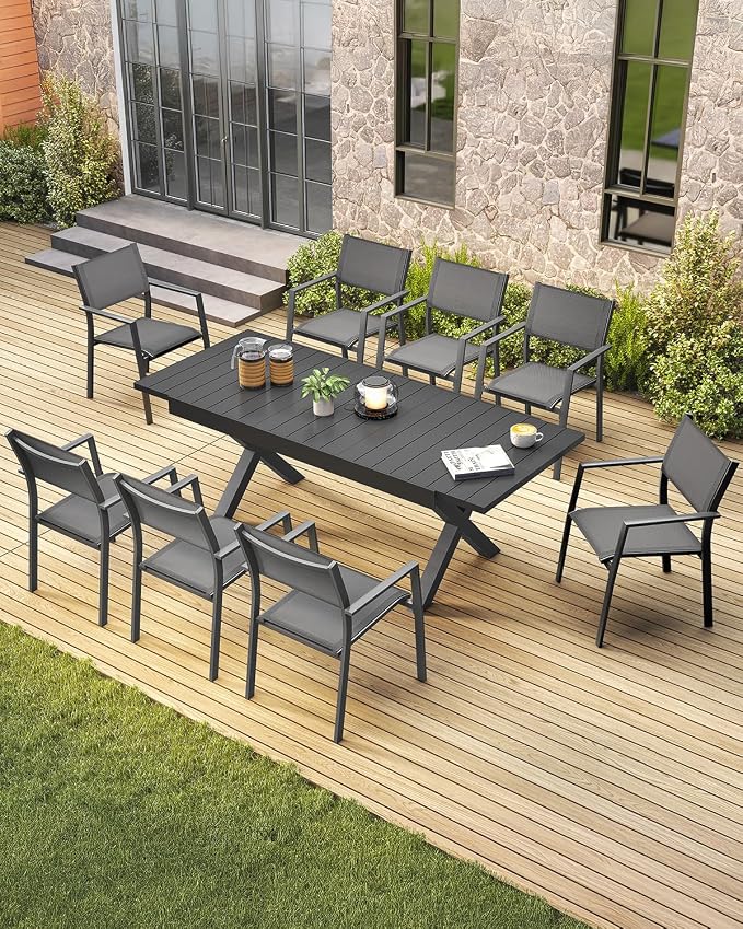Expandable Outdoor Dining Table for 8, Never-Rust Aluminum Patio Dining Table, 63''-83'' X-Shaped Extendable Dining Table with Umbrella Hole for Garden Deck Indoor or Outdoor Meals, Black