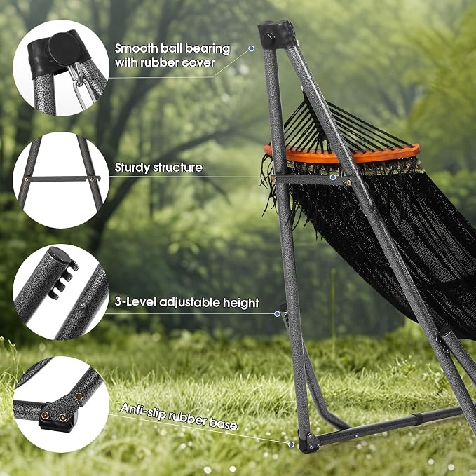 Goutime Collapsible Hammock Stand with Carry Bag, 550lbs, Portable,Black | 3 level adjustable up to 10ft, double layer hammock net, fits indoor, yard, camping, and outdoor use