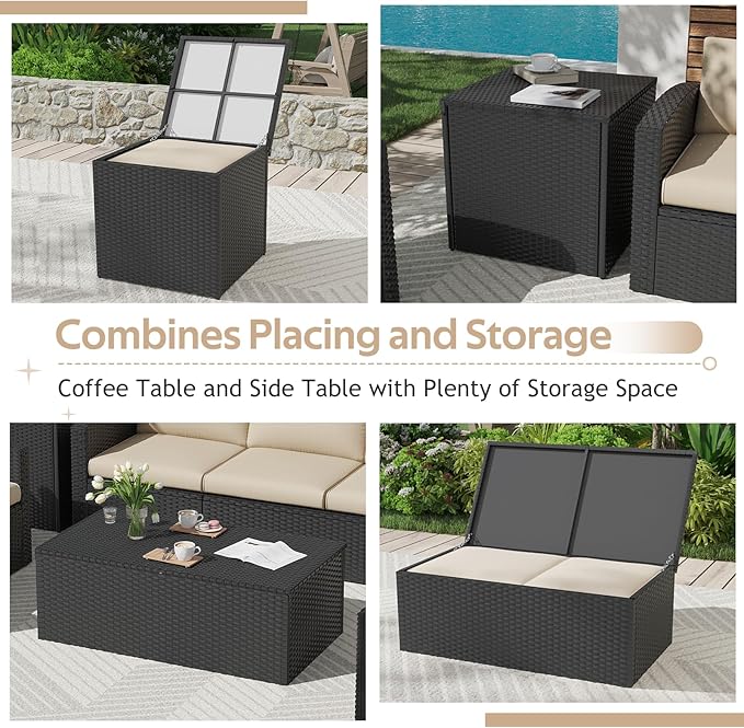 AECOJOY 7 Pieces Patio Furniture Set with Two Storage Boxes&Patio Set Cover, Outdoor Rattan Conversation Set，All-Weather PE Wicker Sectional Sofa Outdoor Furniture, Black Rattan& Beige Cushions