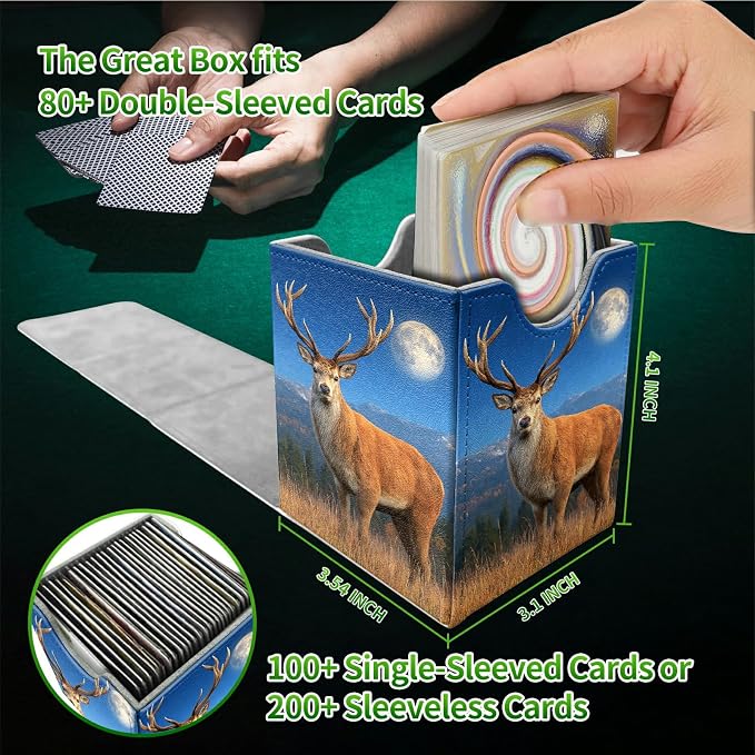 Grassland Deer Card Deck Box for MTG, Personalized Card Storage Case Fits 120+ Sleeved Cards, Premium Leather TCG Box with Strong Magnetic Closure for Magic, CCG, PTCG, Baseball Cards