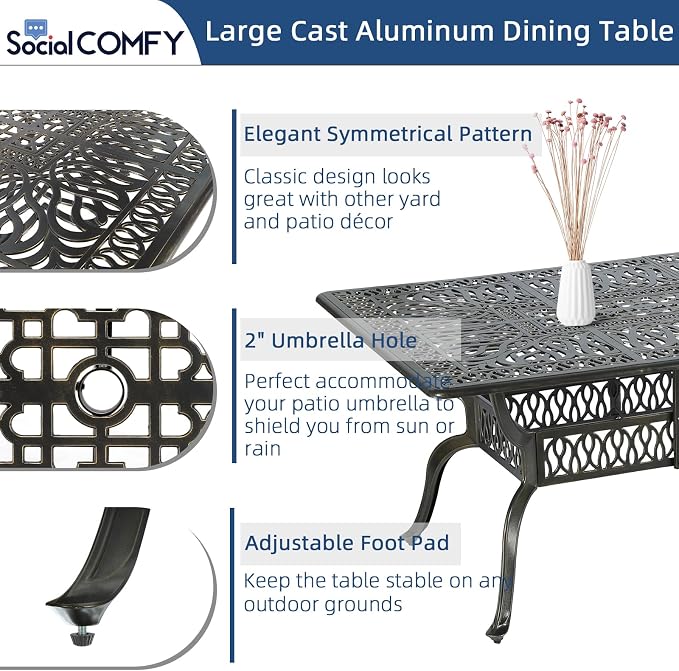 9-Piece Patio Cast Aluminum Dining Set, Outdoor Table and Chairs Set for 8, Includes 94.5" Rectangular Dining Table and 8 Cushioned Chairs with Umbrella Hole for Lawn Garden, Navy Blue