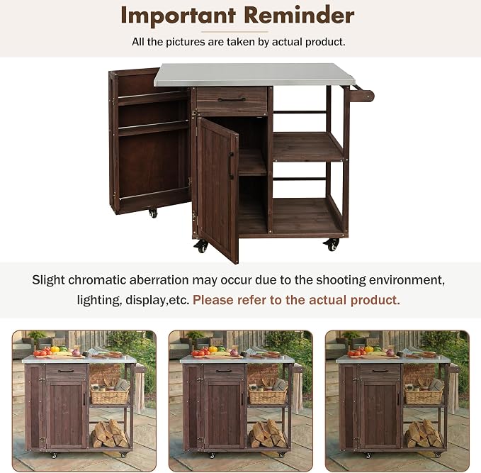 Outdoor Storage Deck Box Cabinet with Stainless Steel Worktop, Fir Wood Patio Prep Station with Lockable Wheels and Towel Rack for Backyard Organization, 40.5 inch, Dark Brown