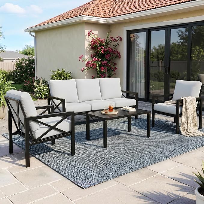 NATURAL EXPRESSIONS 4 Piece Metal Outdoor Patio Furniture Set, Patio Conversation Set with Extra Thick Cushion and Table, Black Frame Backyard Furniture (3 Seater with 2 Fix Chairs Set)