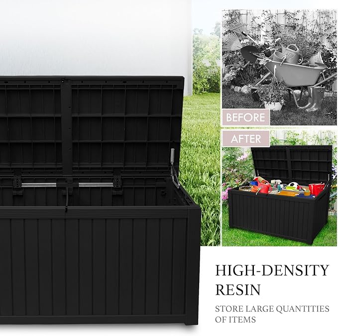 AJP Distributors 180 Gallon Outdoor Storage Box, Rain Waterproof Resin Deck Box, Lockable Large Storage Container for Patio Furniture, Cushions, Garden Tools, Sports Equipment and Pool Supplies Black