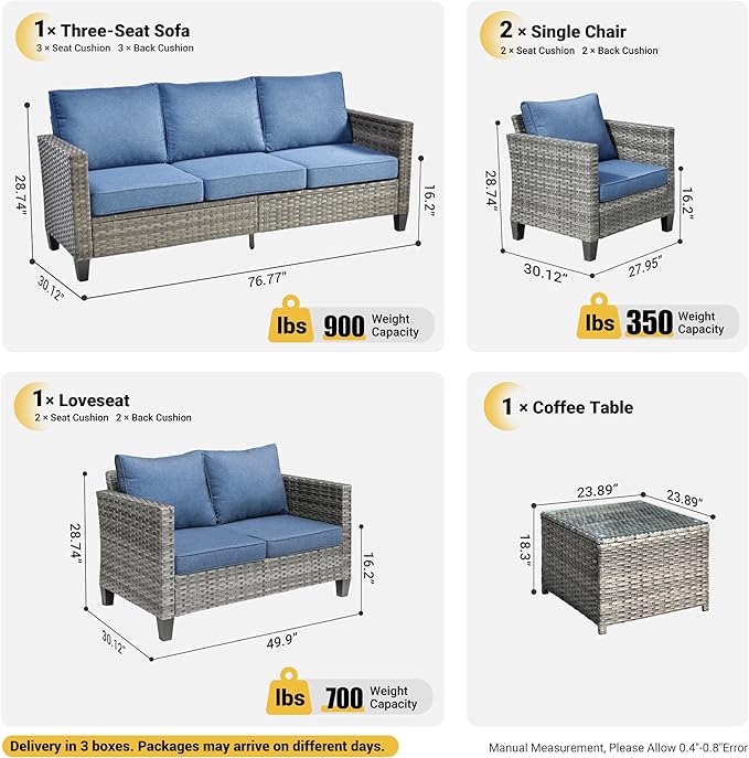 ovios 5 Pieces Patio Furniture Set, Outdoor Wicker Rattan Sofa Couch with Loveseat, Chairs, Glass Coffee Table, Conversation Sets for Yard Porch Garden, Denim Blue