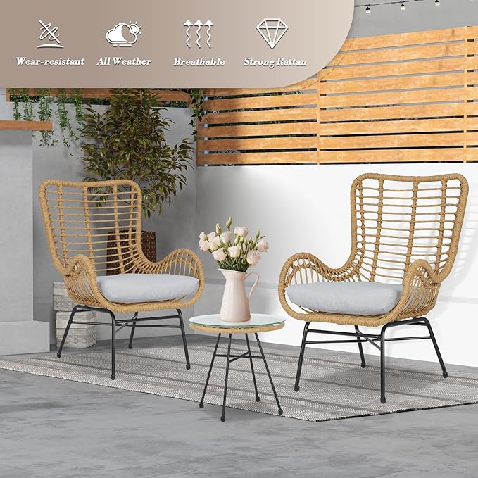 Athena Collection Patio Bistro Sets, 3 Piece All Weather Furniture Set Outdoor Conversation Set Glass Table and Rattan Chairs Set with Soft Cushions for Garden, Poolside, Backyard, Gray