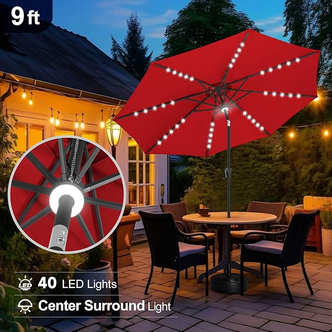 FLAME&SHADE 9 FT outdoor umbrella with 40LED lights, solar light patio umbrella with Centre Surround Light, Table Market Umbrella Outdoor Patiofor Deck, Pool, Backyard, Garden (Red)