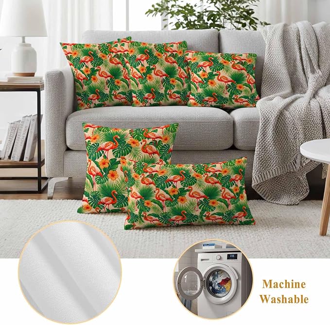Red Flamingos Outdoor Pillow Covers 16"x16" Set of 2, Jungle Plants Hibiscus Flower Green Leaf Botanical Waterproof Throw Pillow Covers for Patio Furniture, Decorative Cushion Covers for Porch