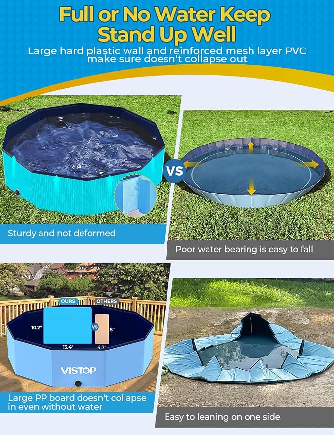 VISTOP Large Foldable Dog Pool, Hard Plastic Shell Portable Swimming Pool for Dogs Cats and Kids Pet Puppy Bathing Tub Collapsible Kiddie Pool (47inch.D x 11.8inch.H, Blue)
