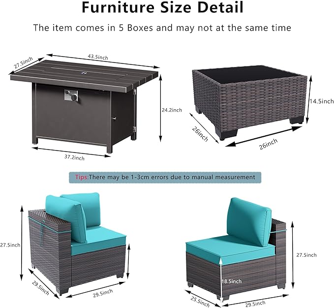 Outdoor Terrace Furniture Set, 15 Piece Outdoor Furniture Set, with 43 inch Aluminum 55004 BTU Propane fire Pit, PE Willow Vine Terrace Dialogue Set - Teal.