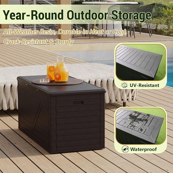 Outdoor Storage Box,260 Gallon Deck Box Outdoor Storage Bench Outside Waterproof Resin Storage Bench, Lockable Patio Cushions, Garden Tools Storage For Furniture, UV Resistant (Black)