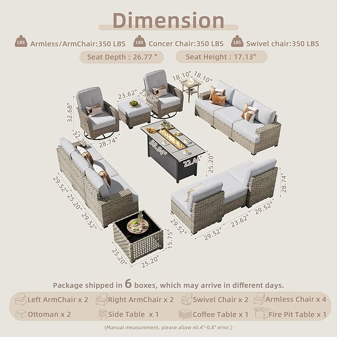 15-Piece Outdoor Sectional Sofa Set w/ 54" Fire Pit – L-Shaped Wicker Patio Furniture, Deep Seating & Swivel Rockers, Grey