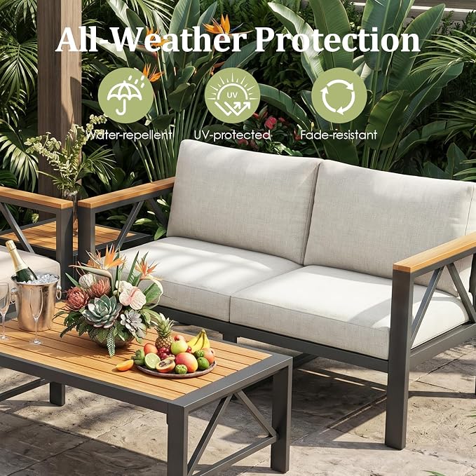 INGEROOM 3 Piece Aluminum Outdoor Patio Furniture Set with Waterproof Cover, 2 Chairs & Coffee Table, Metal Patio Conversation Set for Porch, Balcony, Deck, Garden, Oatmeal