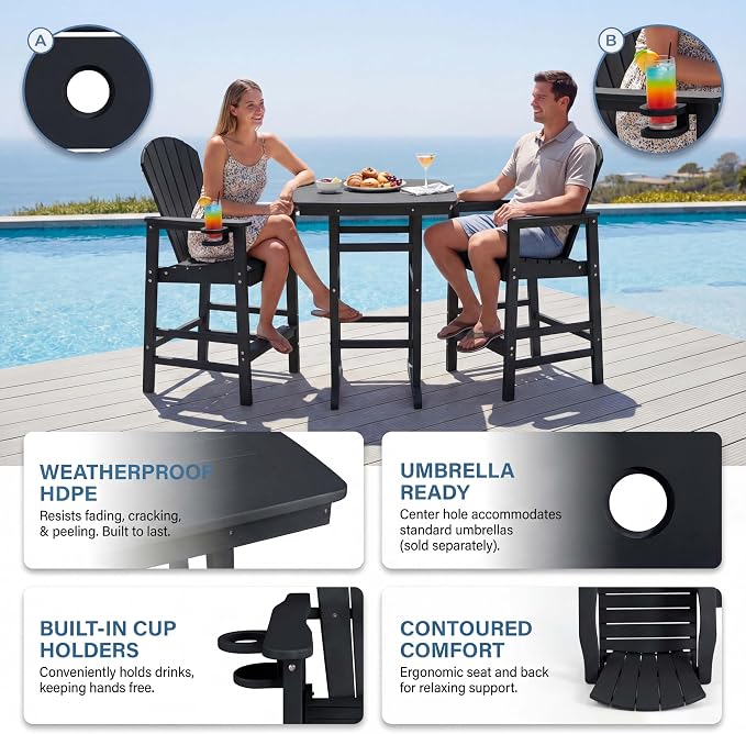 WILLIAMSPACE Height Patio Bar Table Set of 3, Outdoor Square Bar Table with Umbrella Hole, 2 Bar Stools with Cup Holders, 3-Piece All-Weather Outdoor Bistro Set for Kitchen Outside (Black)