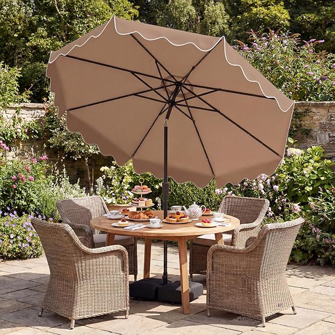 Tangkula 10 FT Solar Patio Umbrella with Base Included, 2-Tiers Outdoor Scalloped Table Umbrella with 32 LED Lights, 2 Sandbags, Tilt Adjustment, Crank, 8 Ribs for Market Backyard Pool Deck Beach Lawn (Coffee, 10 FT)